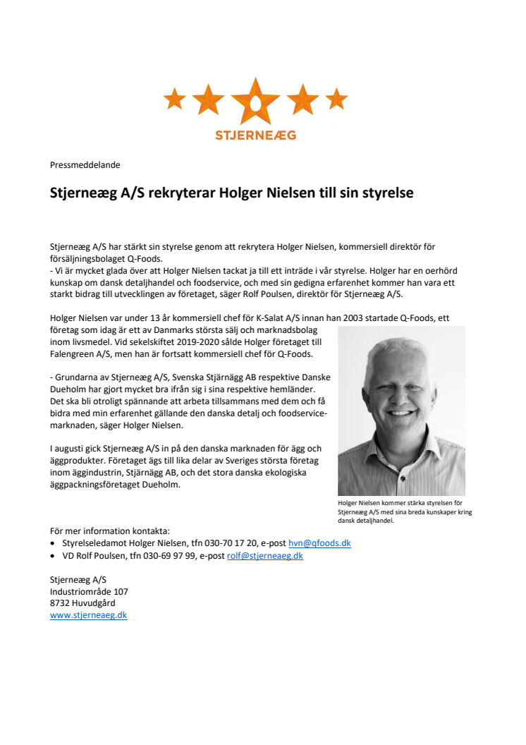 Stjerneæg A/S rekryterar Holger Nielsen till sin styrelse