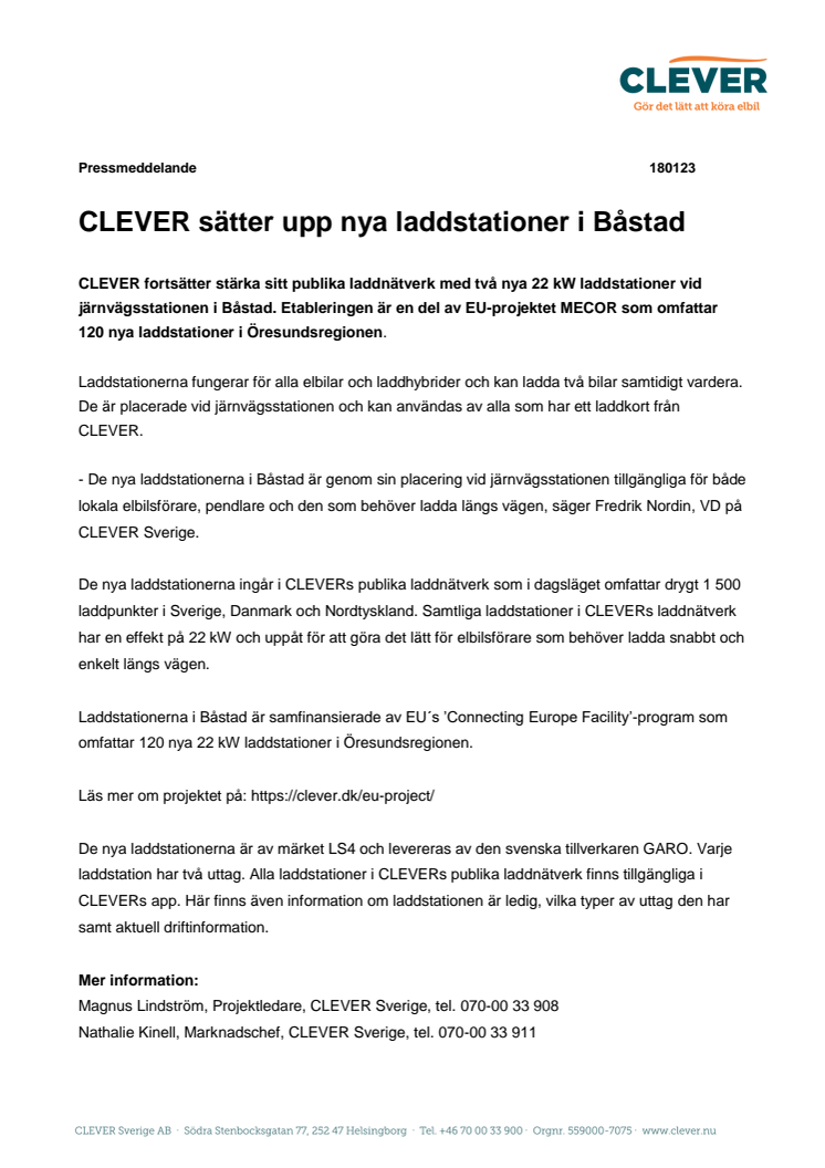CLEVER sätter upp nya laddstationer i Båstad