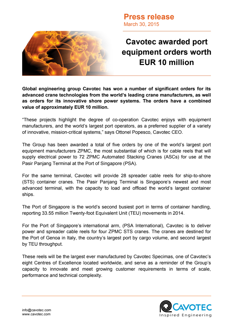 Cavotec wins port equipment orders worth EUR 10m
