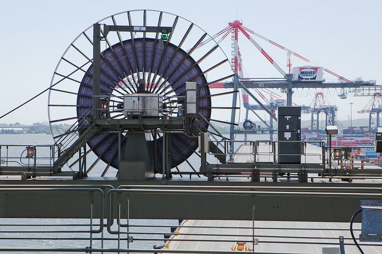 A Cavotec motorised cable reel on an STS container crane