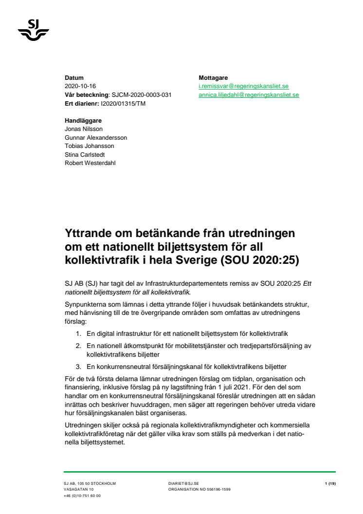 Yttrande om betänkande från utredningen om ett nationellt biljettsystem för all kollektivtrafik i hela Sverige (SOU 2020:25)