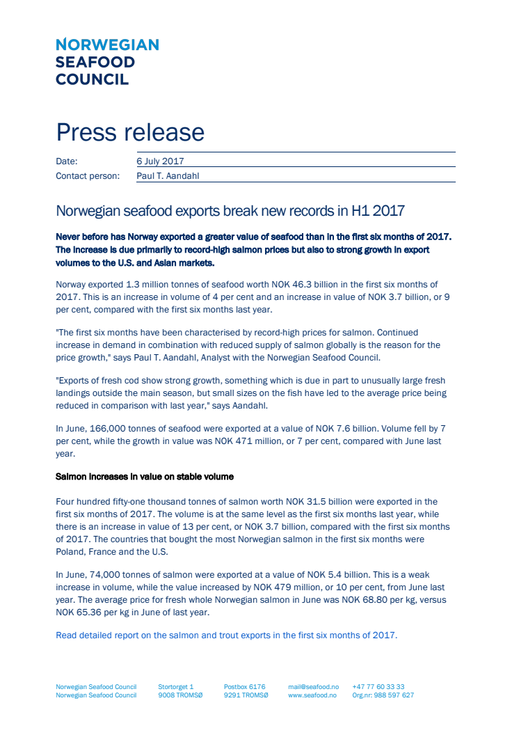 Norwegian seafood exports break new records in first half of 2017