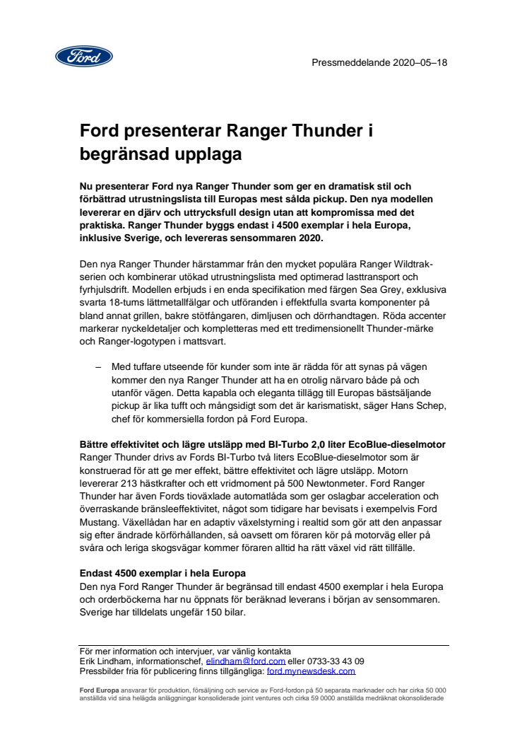 Ford presenterar Ranger Thunder i begränsad upplaga