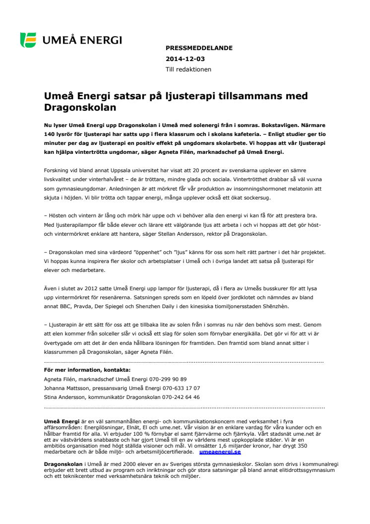 Umeå Energi satsar på ljusterapi tillsammans med Dragonskolan