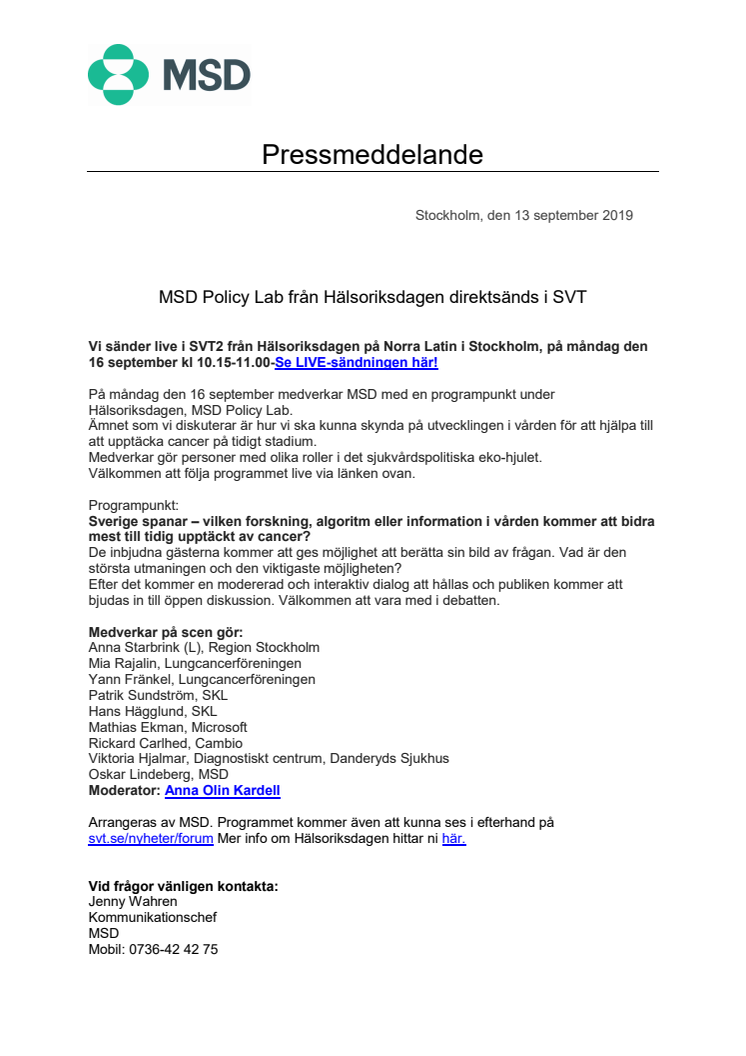 MSD Policy Lab från Hälsoriksdagen direktsänds i SVT