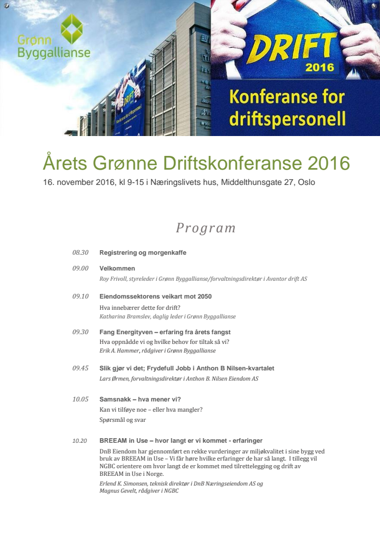Program Årets grønne driftkonferanse 2016