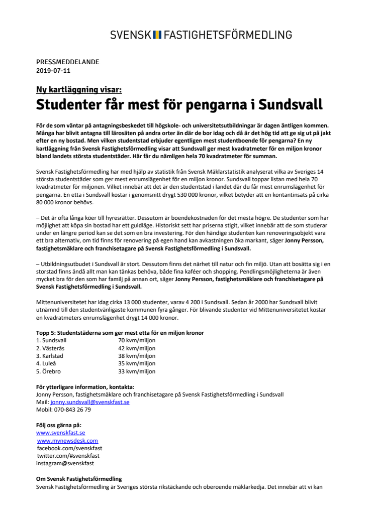 Ny kartläggning visar: Studenter får mest för pengarna i Sundsvall