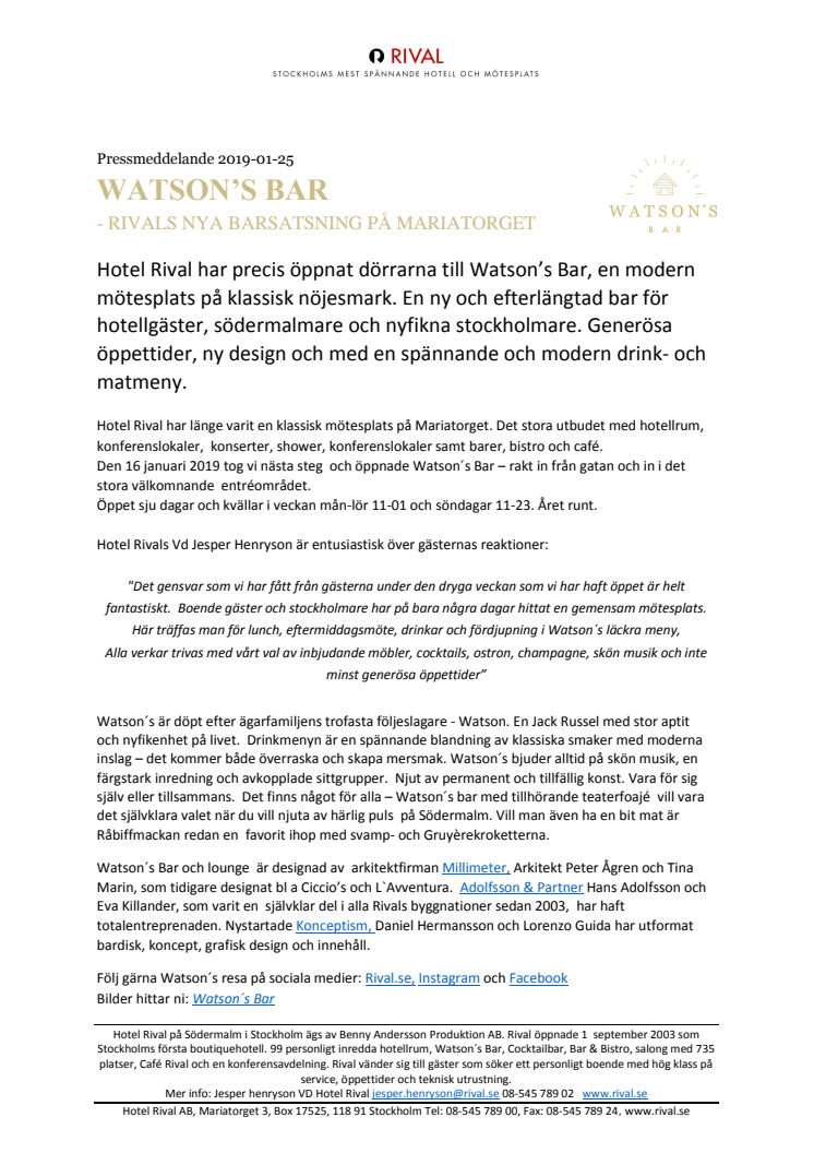 Watson’s Bar - Rivals nya barsatsning på Mariatorget