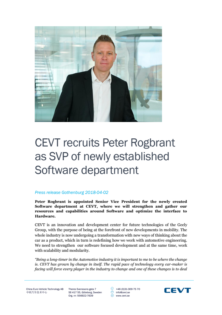 CEVT recruits Peter Rogbrant as SVP of newly established Software department