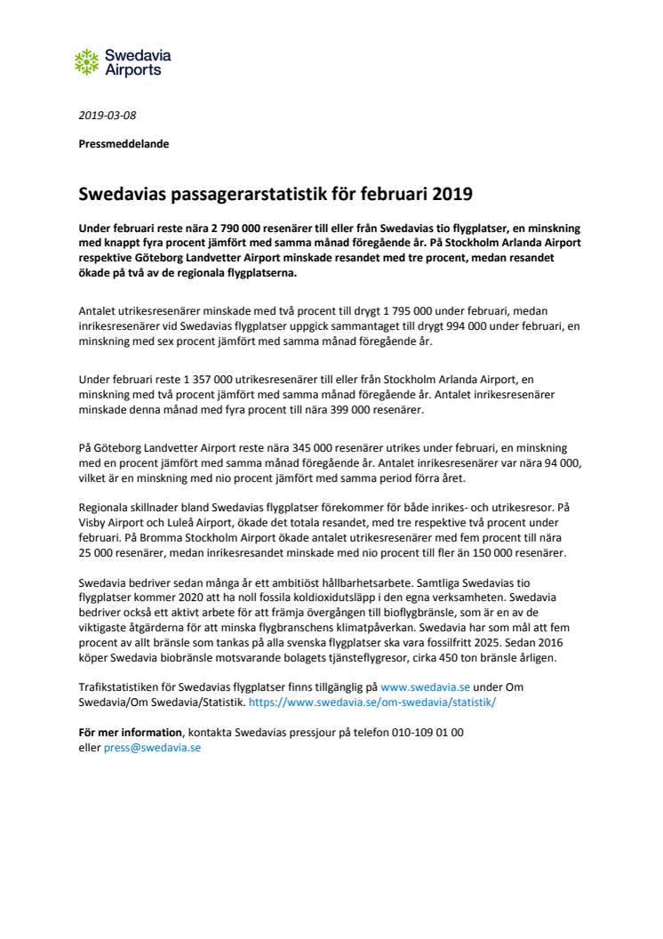 Swedavias passagerarstatistik för februari 2019