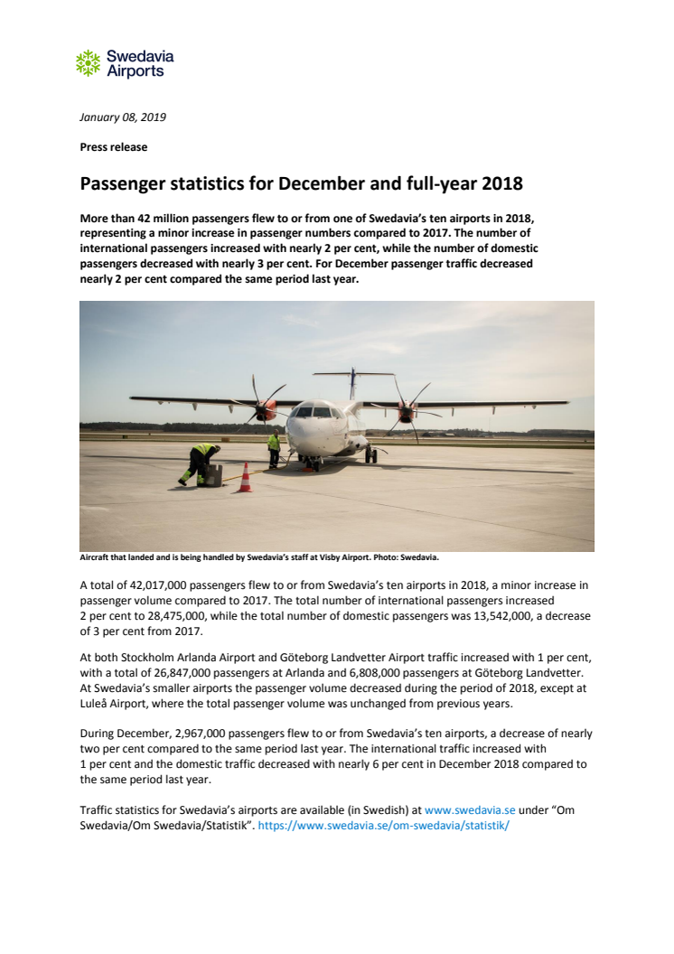 Passenger statistics for December and full-year 2018