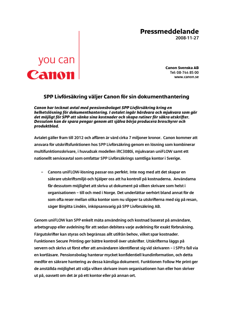 Pressmeddelande: SPP Livförsäkring väljer Canon för sin dokumenthantering