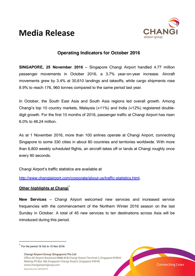Operating Indicators for October 2016