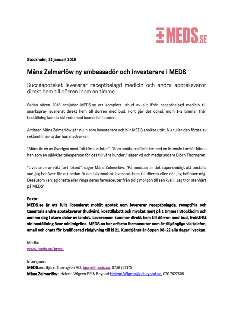 Måns Zelmerlöw ny ambassadör och investerare i MEDS
