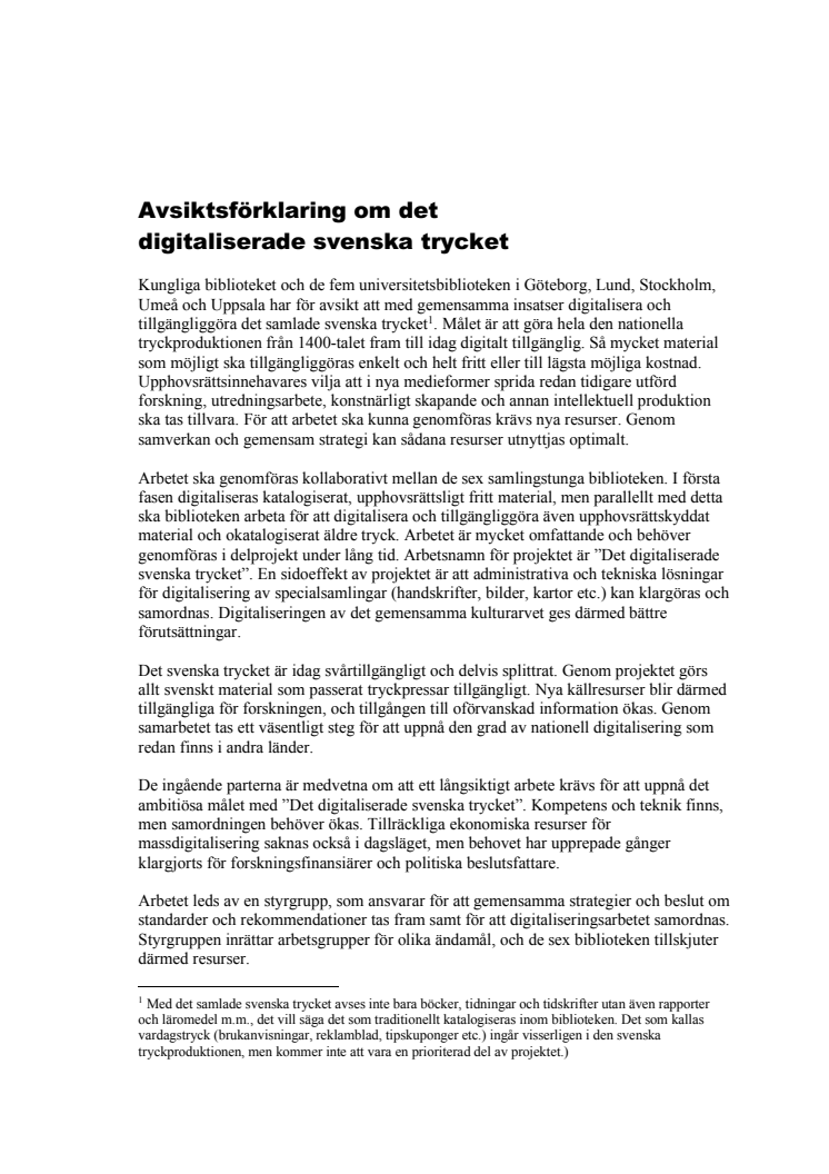 Avsiktsförklaring om det digitaliserade svenska trycket