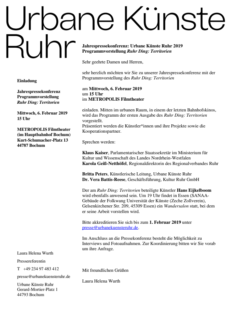 Einladung Jahrespressekonferenz mit Programmvorstellung Ruhr Ding