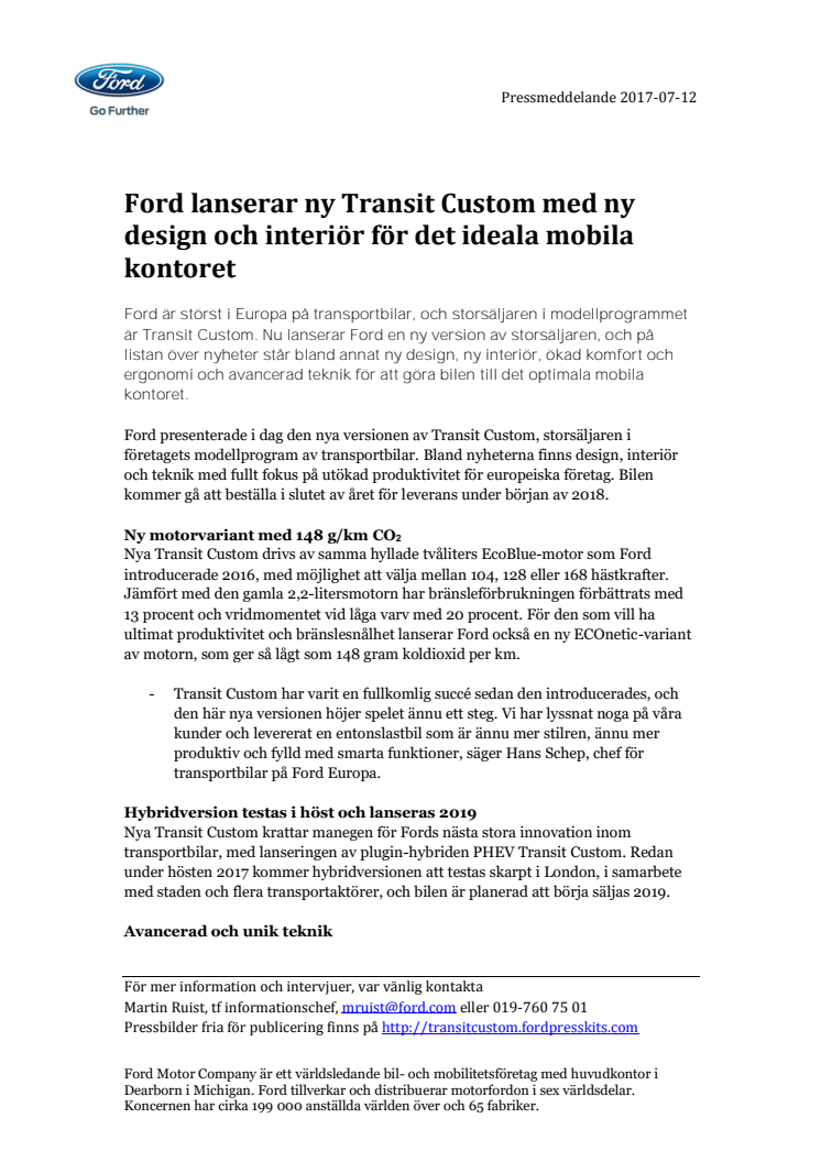 Ford lanserar ny Transit Custom med ny design och interiör för det ideala mobila kontoret
