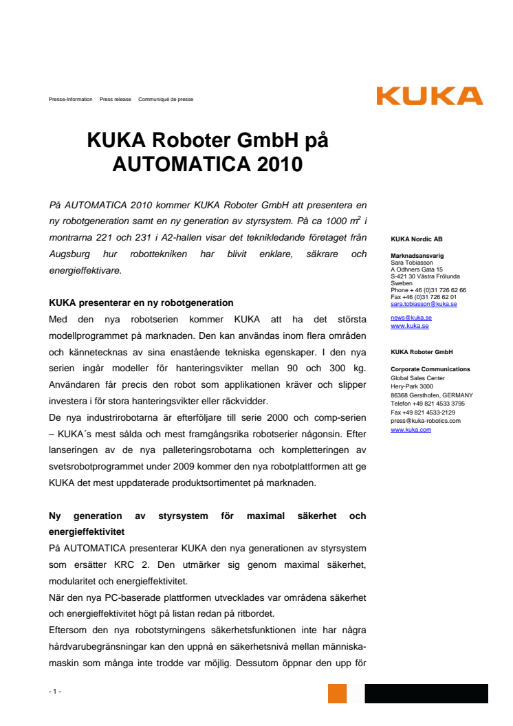 KUKA presenterar ny robotgeneration på AUTOMATICA 2010