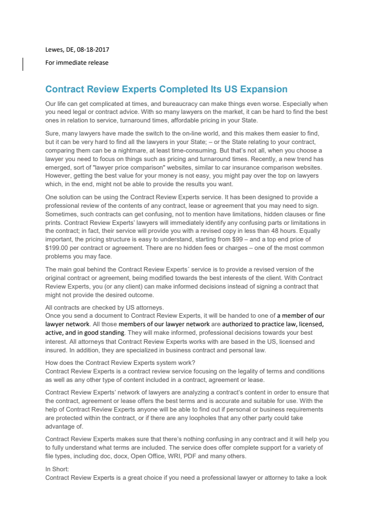 Contract Review Experts Completed Its US Expansion 
