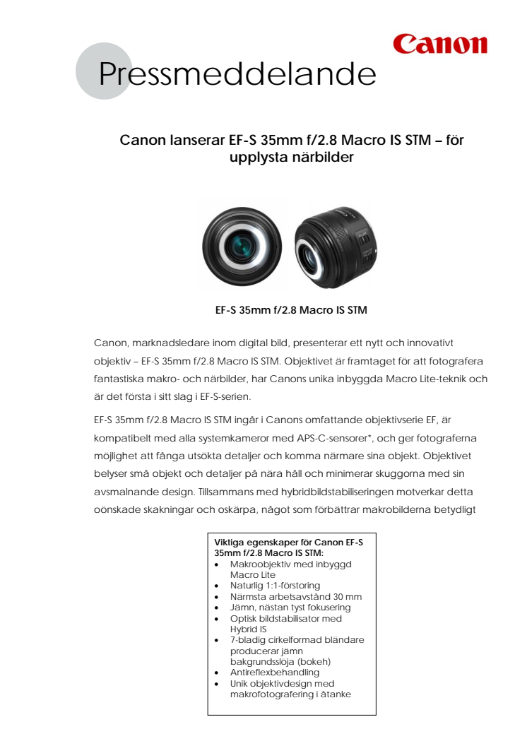 Canon lanserar EF-S 35mm f/2.8 Macro IS STM – för upplysta närbilder