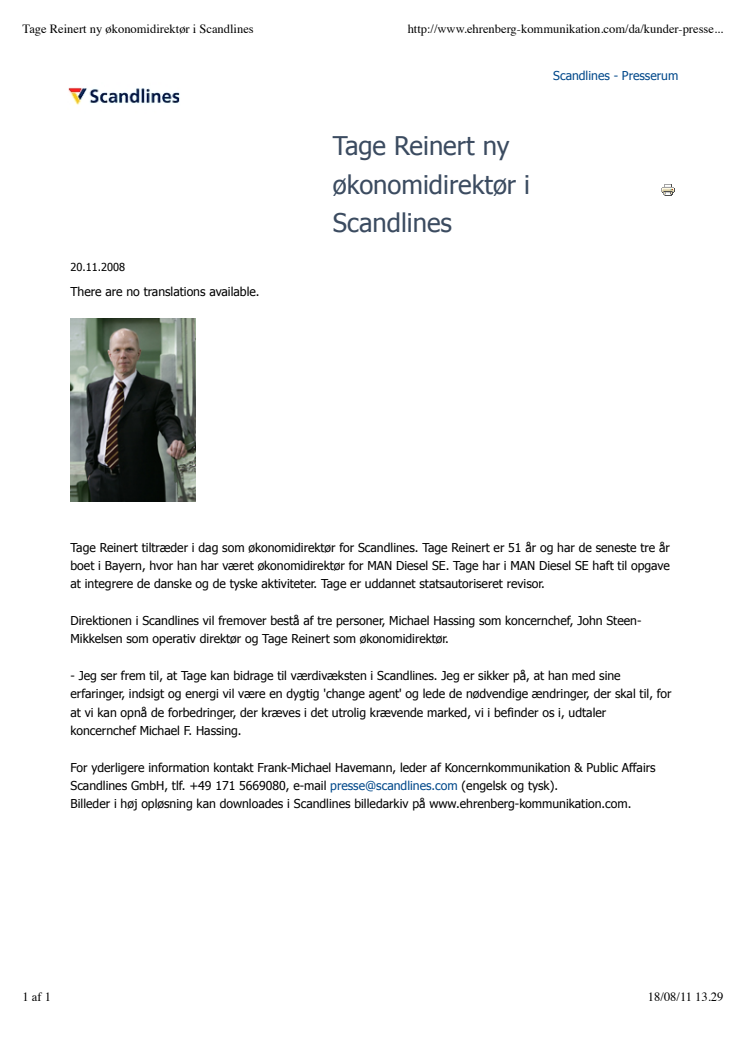 Tage Reinert ny økonomidirektør i Scandlines