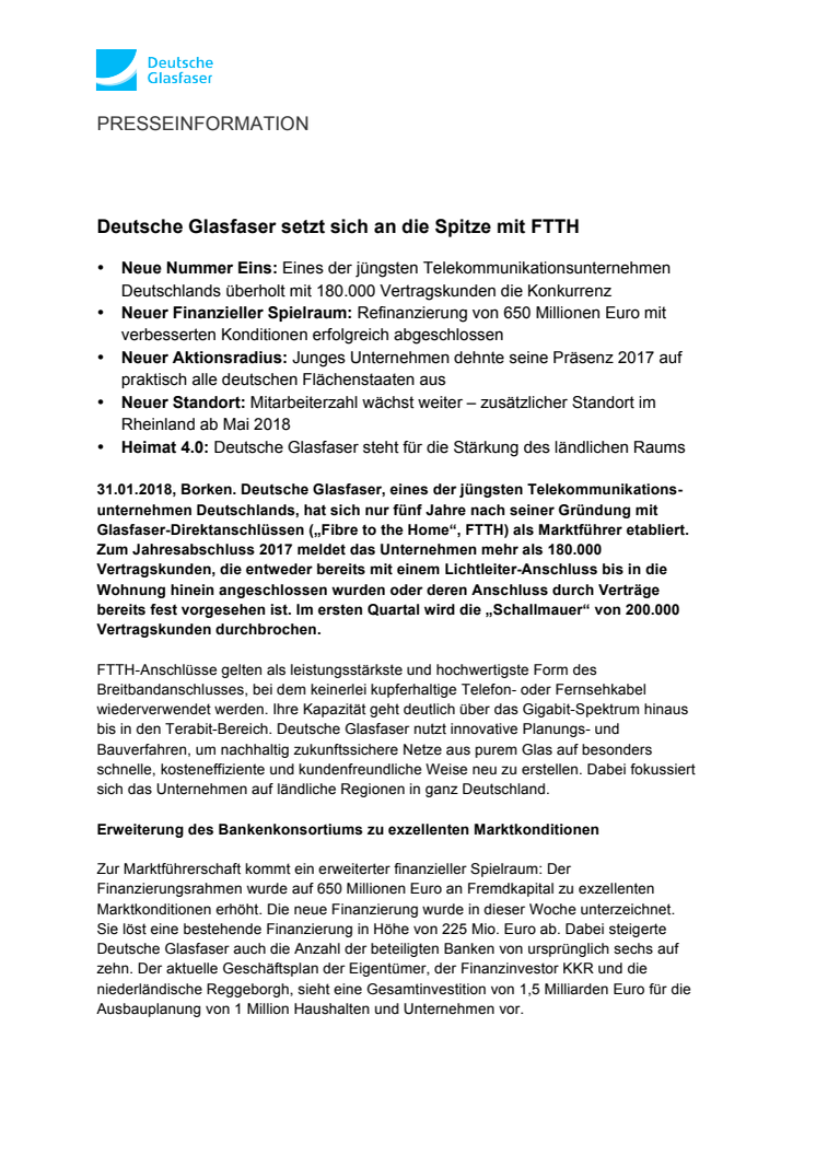 Deutsche Glasfaser setzt sich an die Spitze mit FTTH