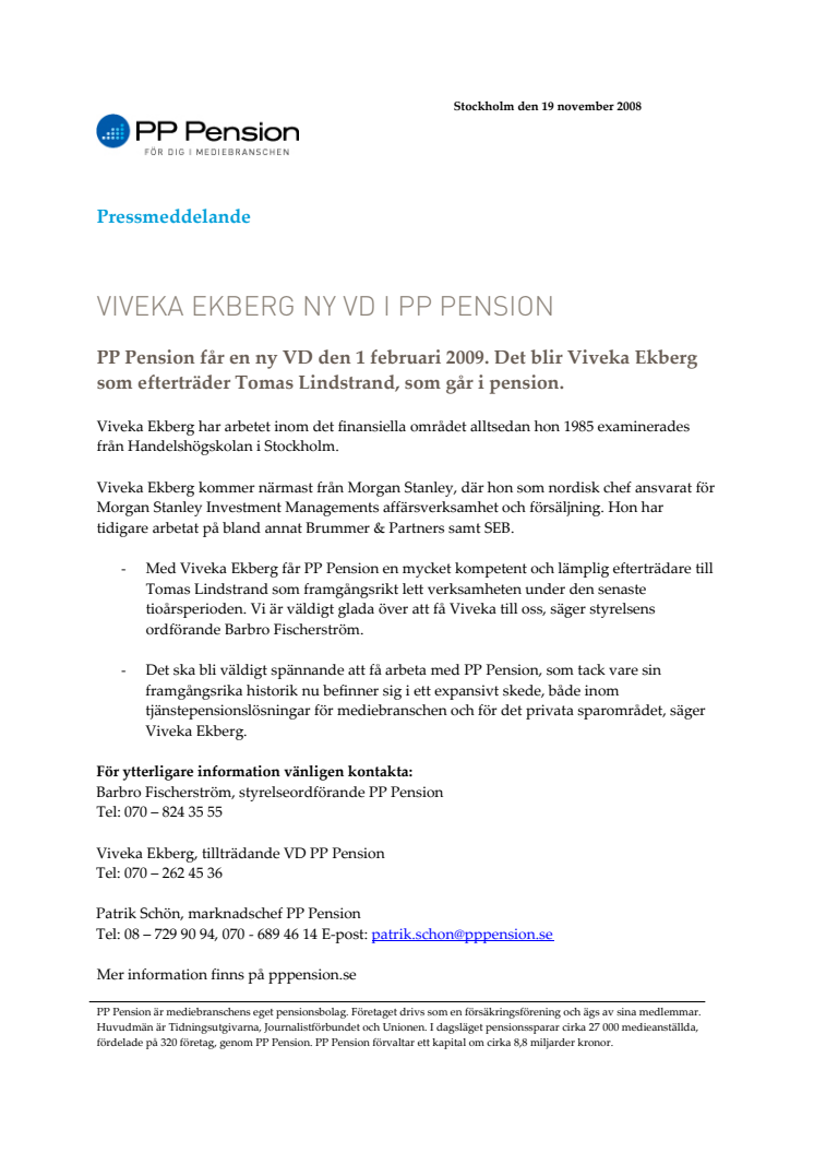 Viveka Ekberg ny VD i PP Pension