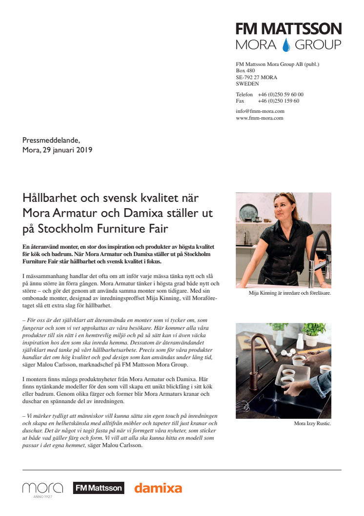 Hållbarhet och svensk kvalitet när Mora Armatur och Damixa ställer ut på Stockholm Furniture Fair