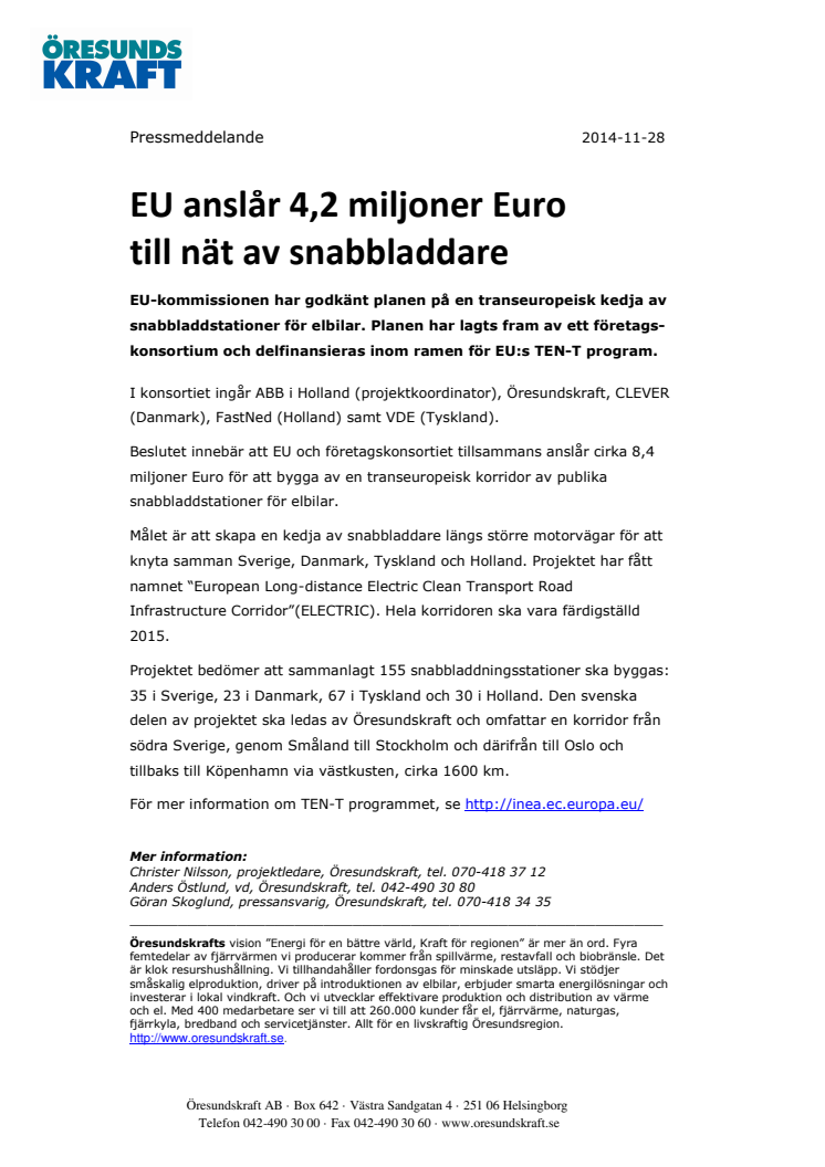 EU anslår 4,2 miljoner Euro till nät av snabbladdare