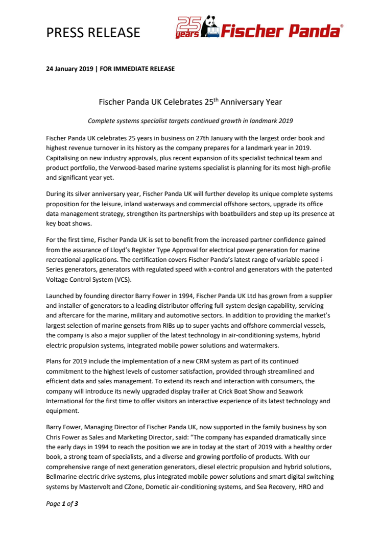 Fischer Panda UK Celebrates 25th Anniversary Year