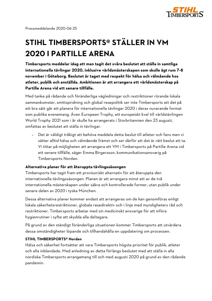STIHL TIMBERSPORTS® ställer in VM 2020 i Partille Arena