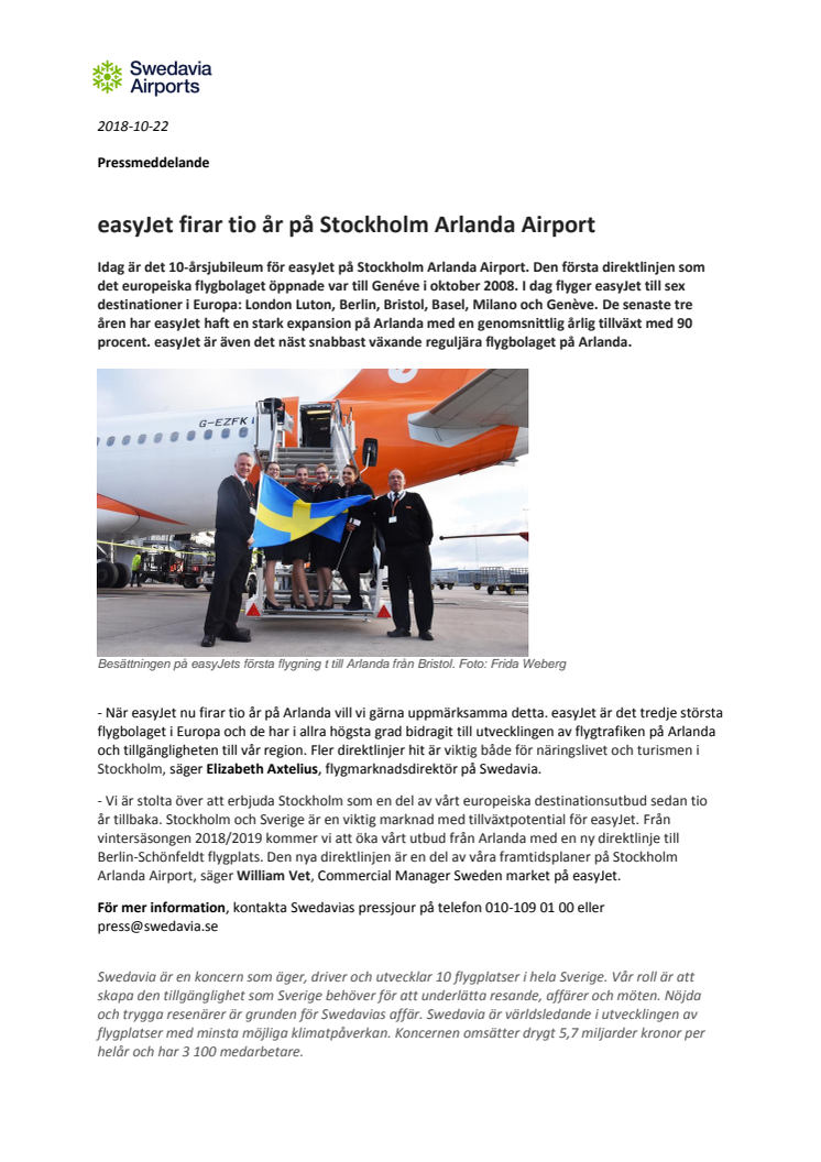 ​easyJet firar tio år på Stockholm Arlanda Airport