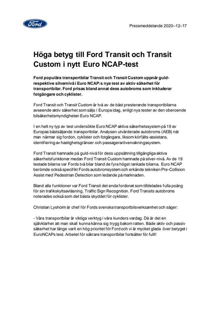 Höga betyg till Ford Transit och Transit Custom i nytt Euro NCAP-test