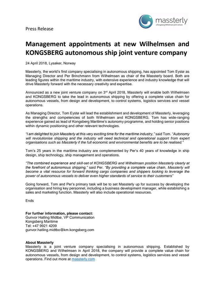 Massterly: Management appointments at new Wilhelmsen and KONGSBERG autonomous ship joint venture company