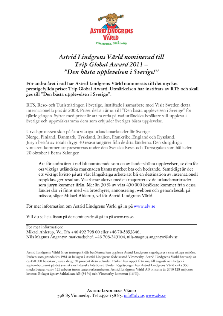 Astrid Lindgrens Värld nominerad till Trip Global Award 2011 - ”Den bästa upplevelsen i Sverige!”