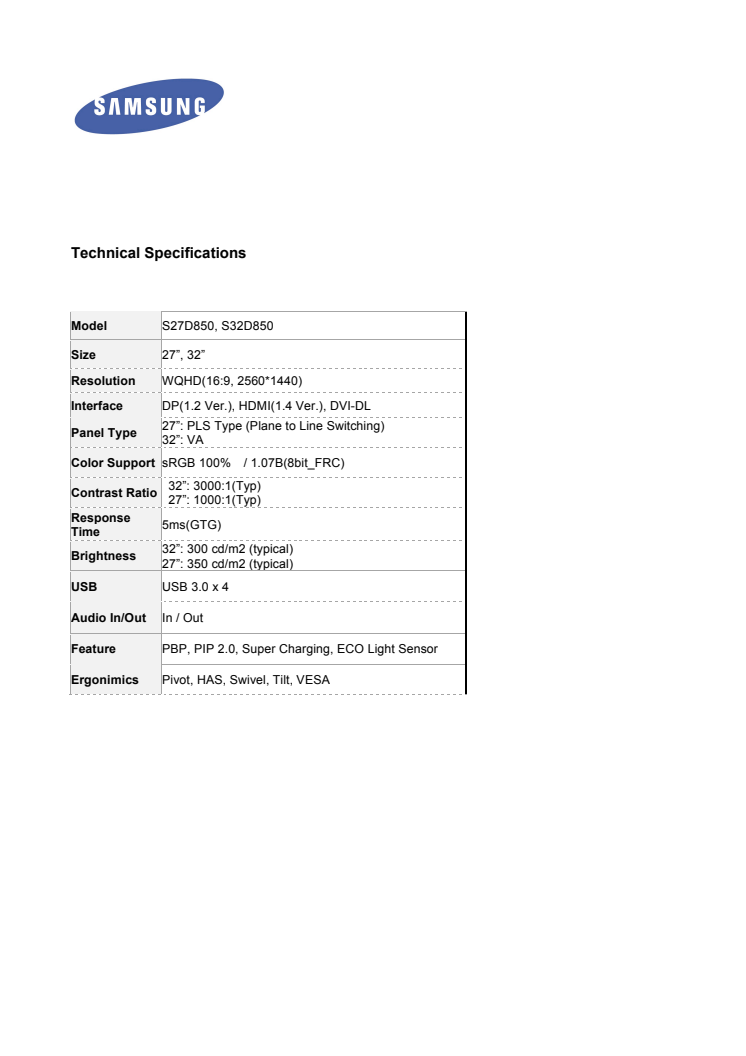 Technical Specifications SD850