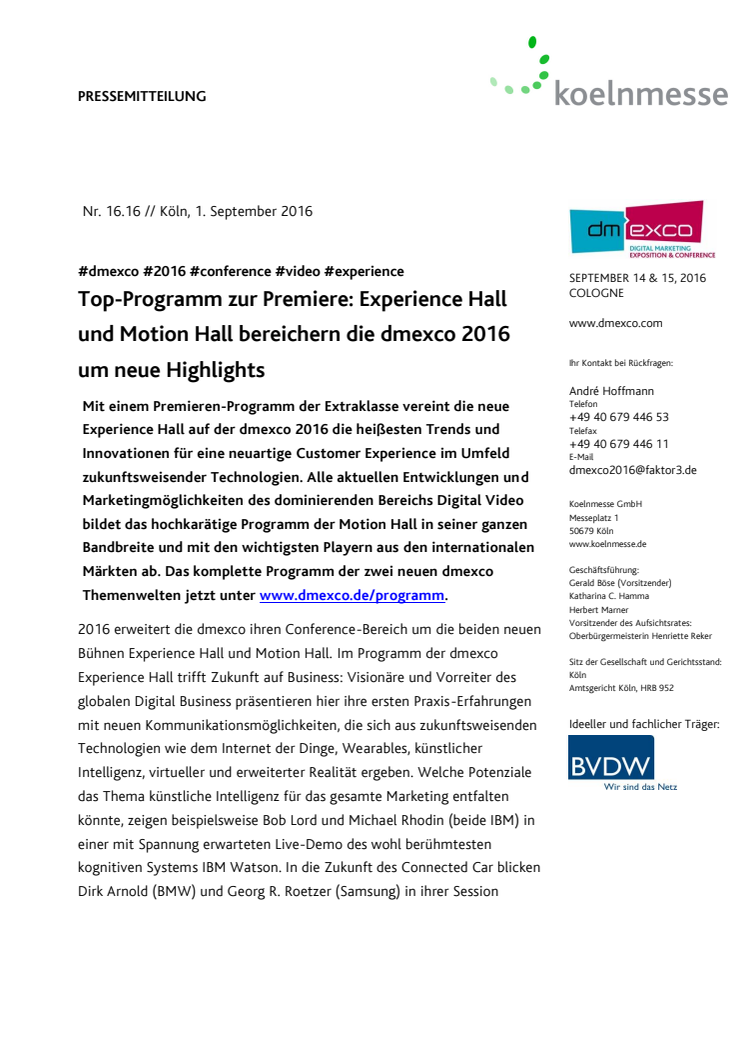 Top-Programm zur Premiere: Experience Hall und Motion Hall bereichern die dmexco 2016 um neue Highlights