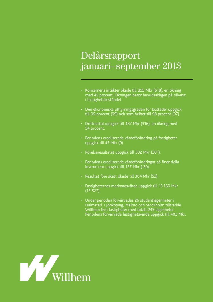 Willhems delårsrapport januari - september 2013