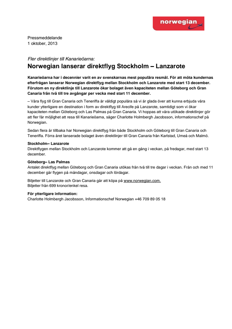 Fler direktlinjer till Kanarieöarna: Norwegian lanserar direktflyg Stockholm – Lanzarote 