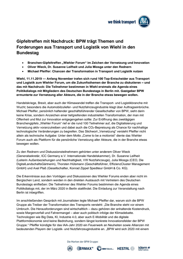 Gipfeltreffen mit Nachdruck: BPW trägt Themen und Forderungen aus Transport und Logistik von Wiehl in den Bundestag