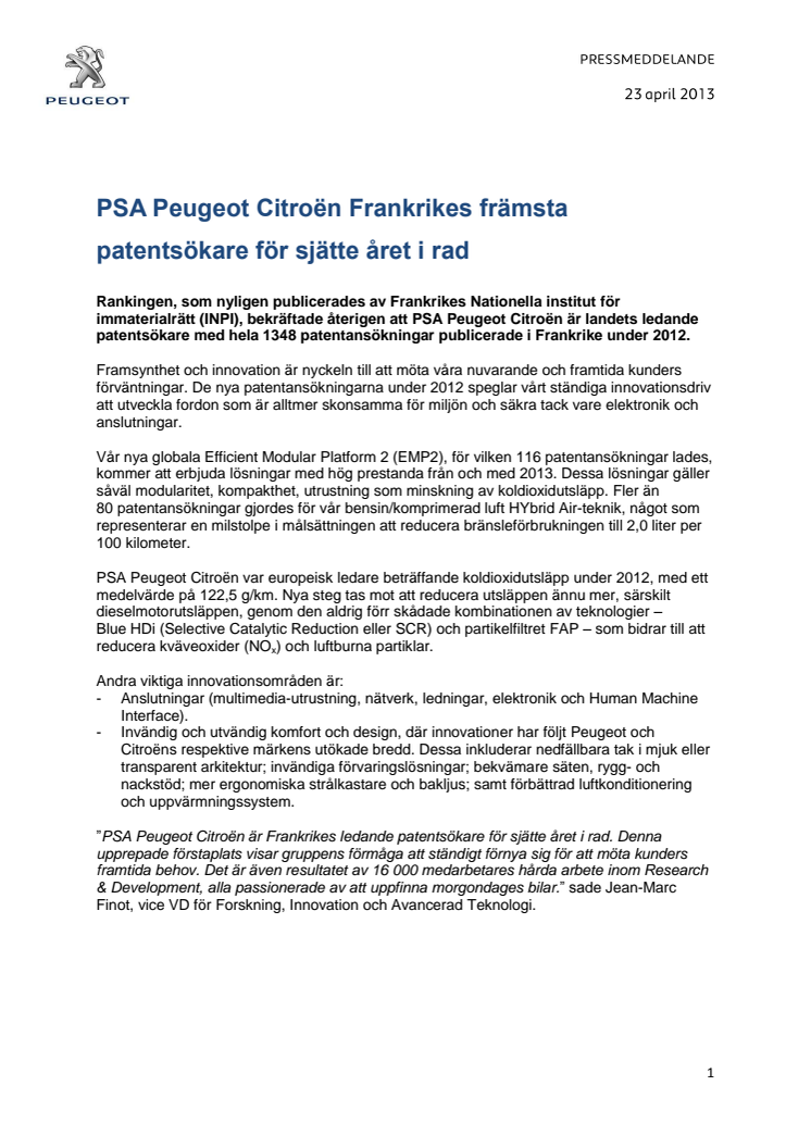 PSA Peugeot Citroën Frankrikes främsta patentsökare för sjätte året i rad