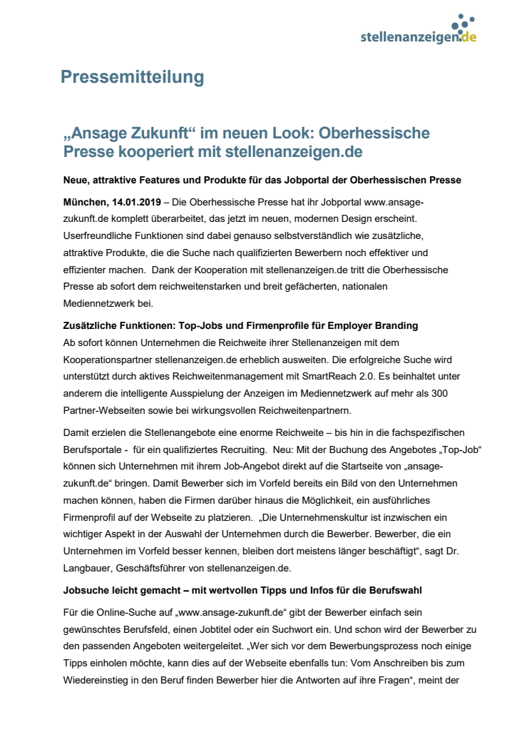 „Ansage Zukunft“ im neuen Look: Oberhessische Presse kooperiert mit stellenanzeigen.de 