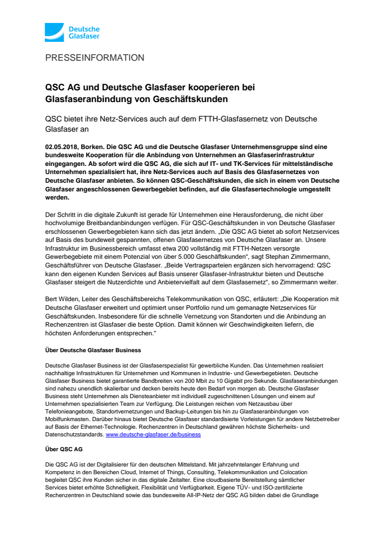 QSC AG und Deutsche Glasfaser kooperieren bei Glasfaseranbindung von Geschäftskunden