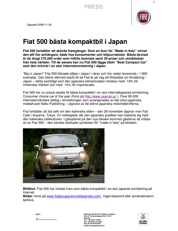 Fiat 500 bästa kompaktbil i Japan