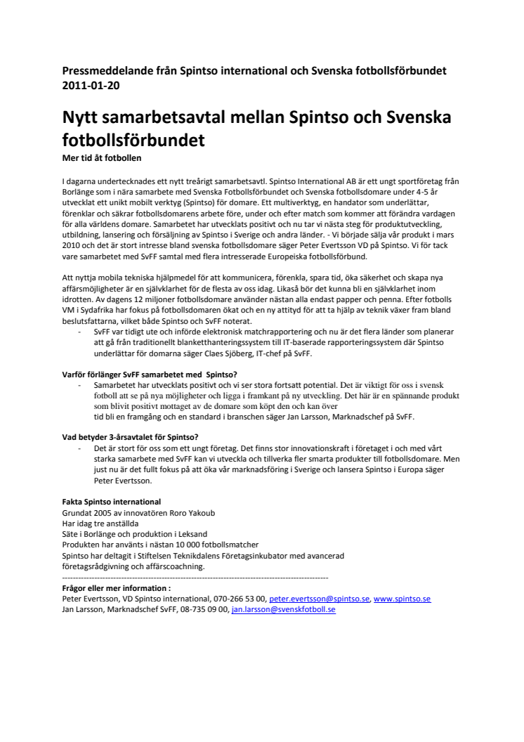 Nytt samarbetsavtal mellan Spintso och Svenska fotbollsförbundet 
