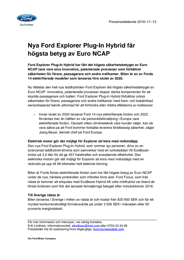 Nya Ford Explorer Plug-In Hybrid får högsta betyg av Euro NCAP