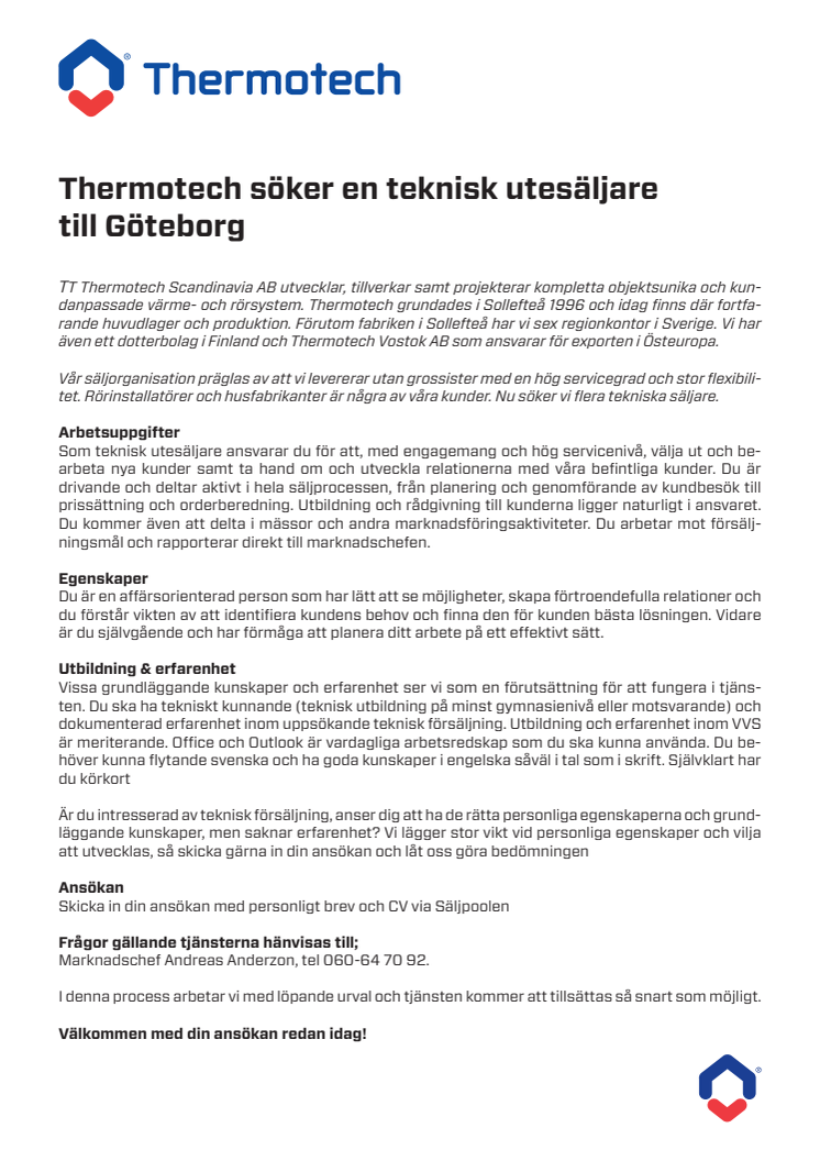 Thermotech söker en teknisk utesäljare i Göteborg