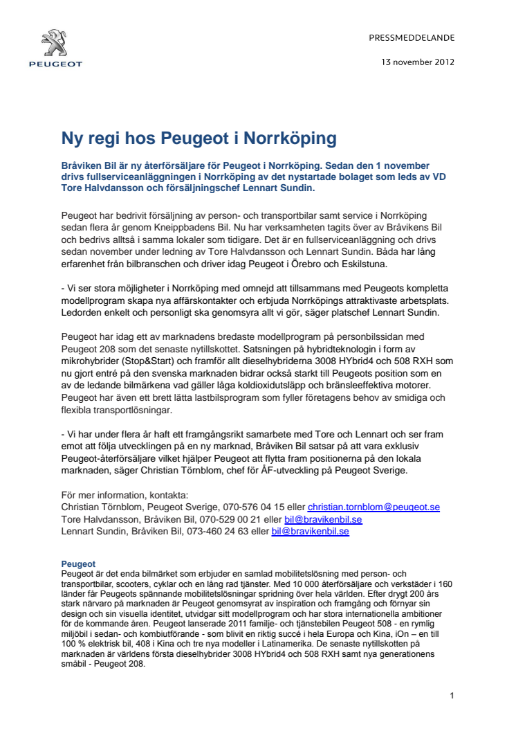 Ny regi hos Peugeot i Norrköping