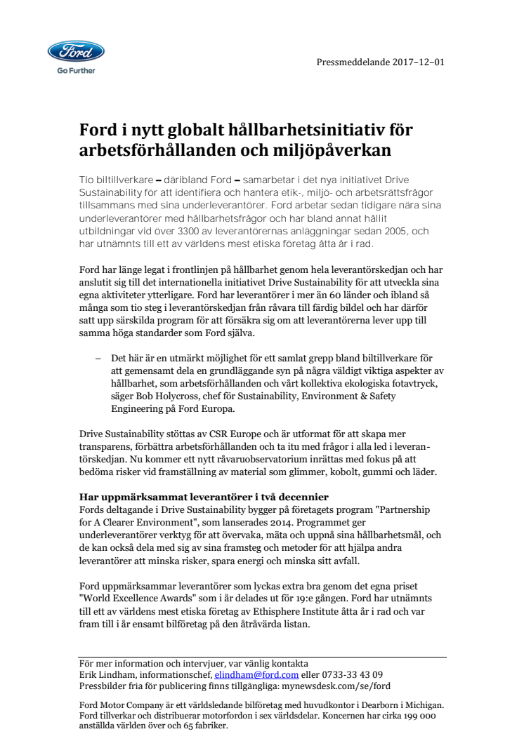 Ford i nytt globalt hållbarhetsinitiativ för arbetsförhållanden och miljöpåverkan