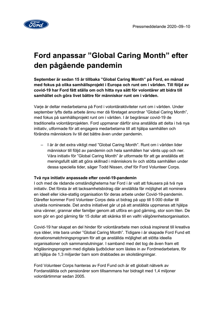Ford anpassar ”Global Caring Month” efter den pågående pandemin 